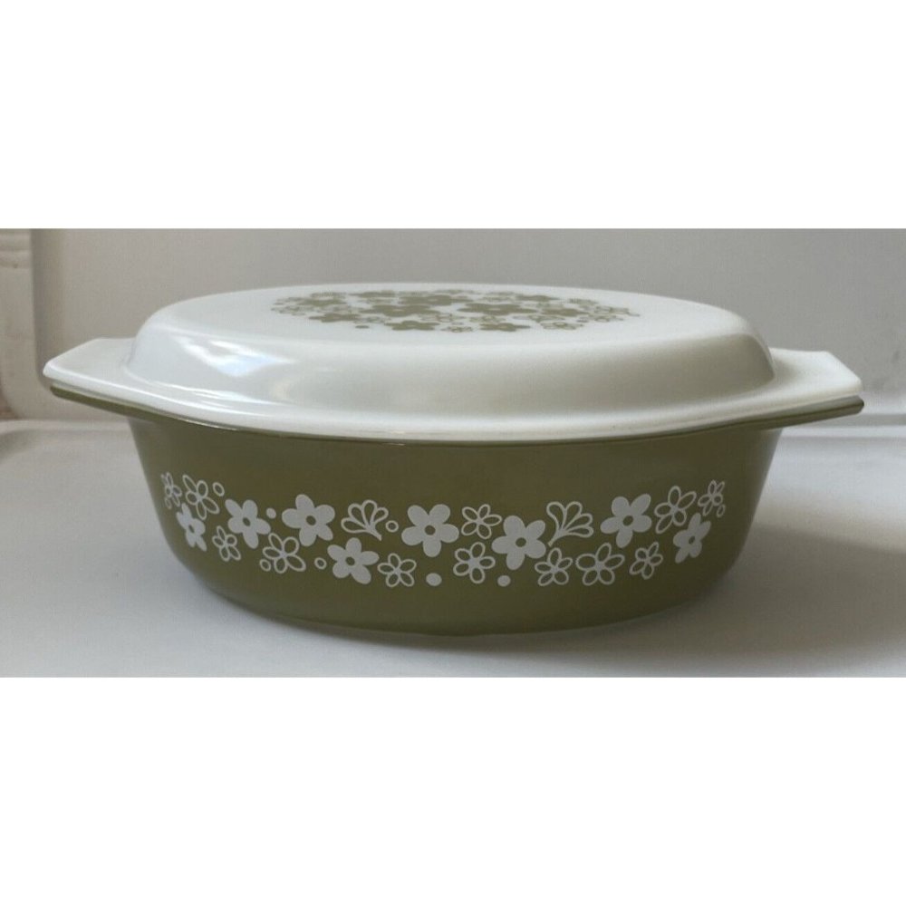 Vintage Pyrex Spring Blossom Green Crazy Daisy 2.5 Qt Oval Casserole Dish 045